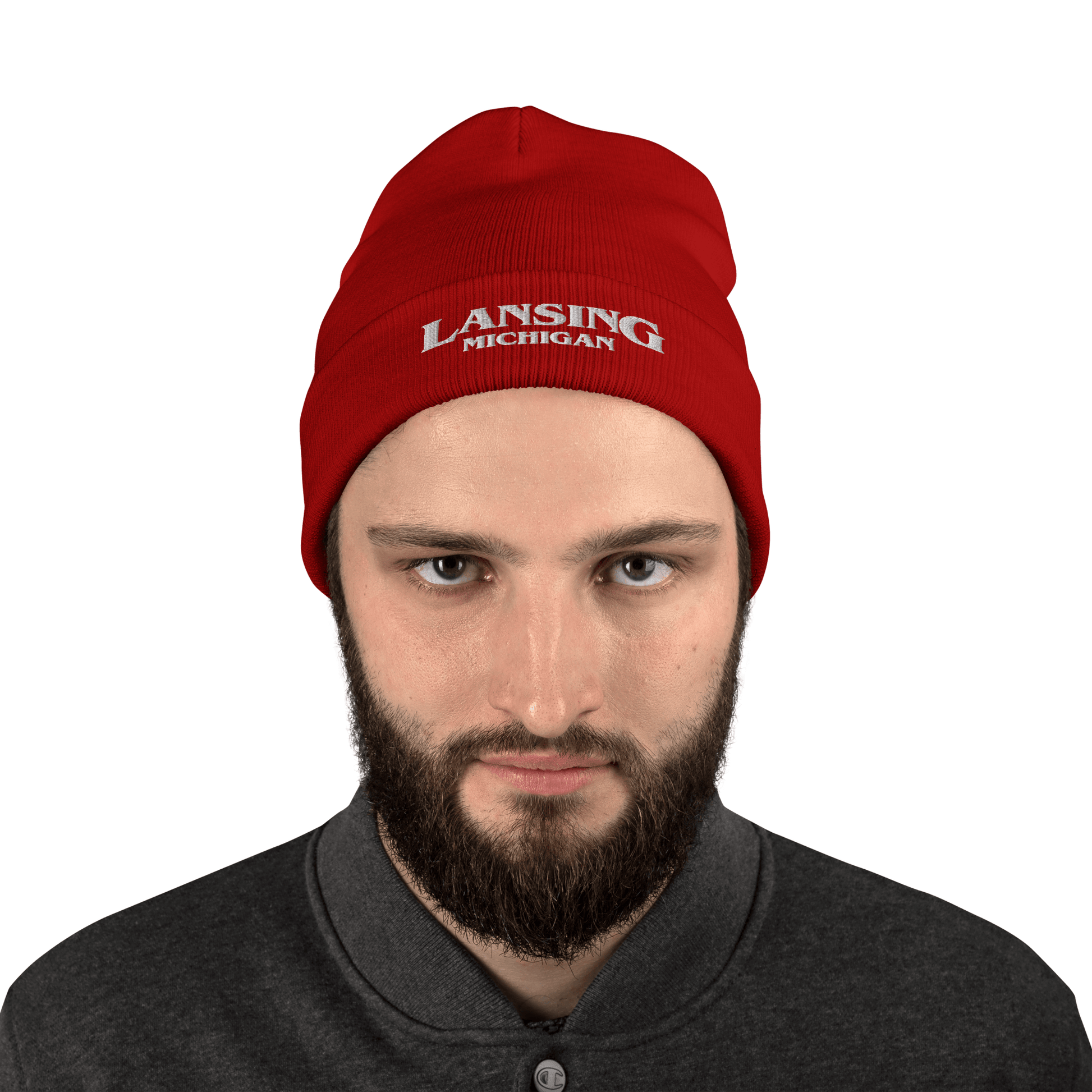 'Lansing Michigan' Winter Beanie (1980s Drama Parody) | Red/White Embroidery - Circumspice Michigan