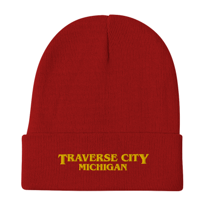 'Traverse City Michigan' Winter Beanie (1980s Drama Parody) | Gold Embroidery - Circumspice Michigan