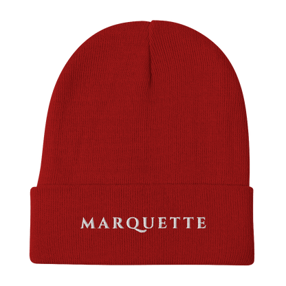 'Marquette' Winter Beanie (Roman-Style Serif Font) | White/Black Embroidery - Circumspice Michigan