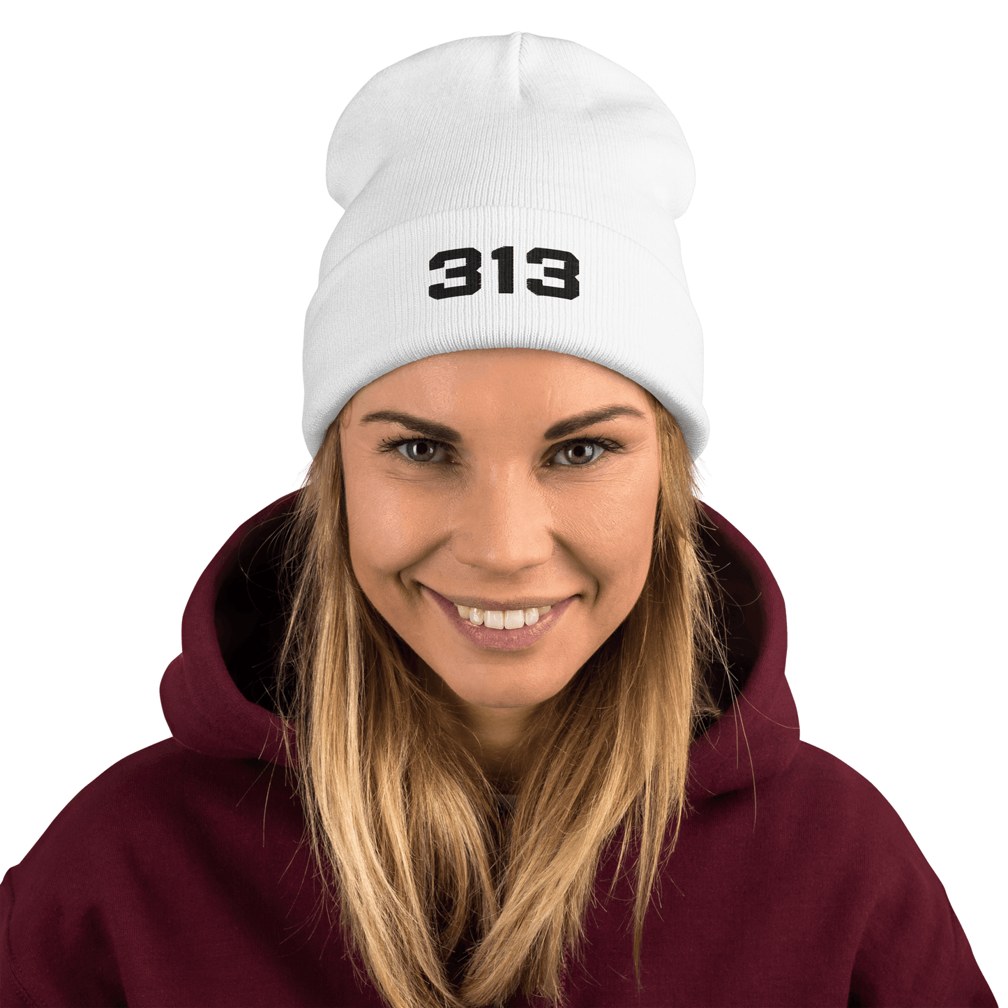 Detroit '313' Winter Beanie (White/Black Embroidery - Circumspice Michigan