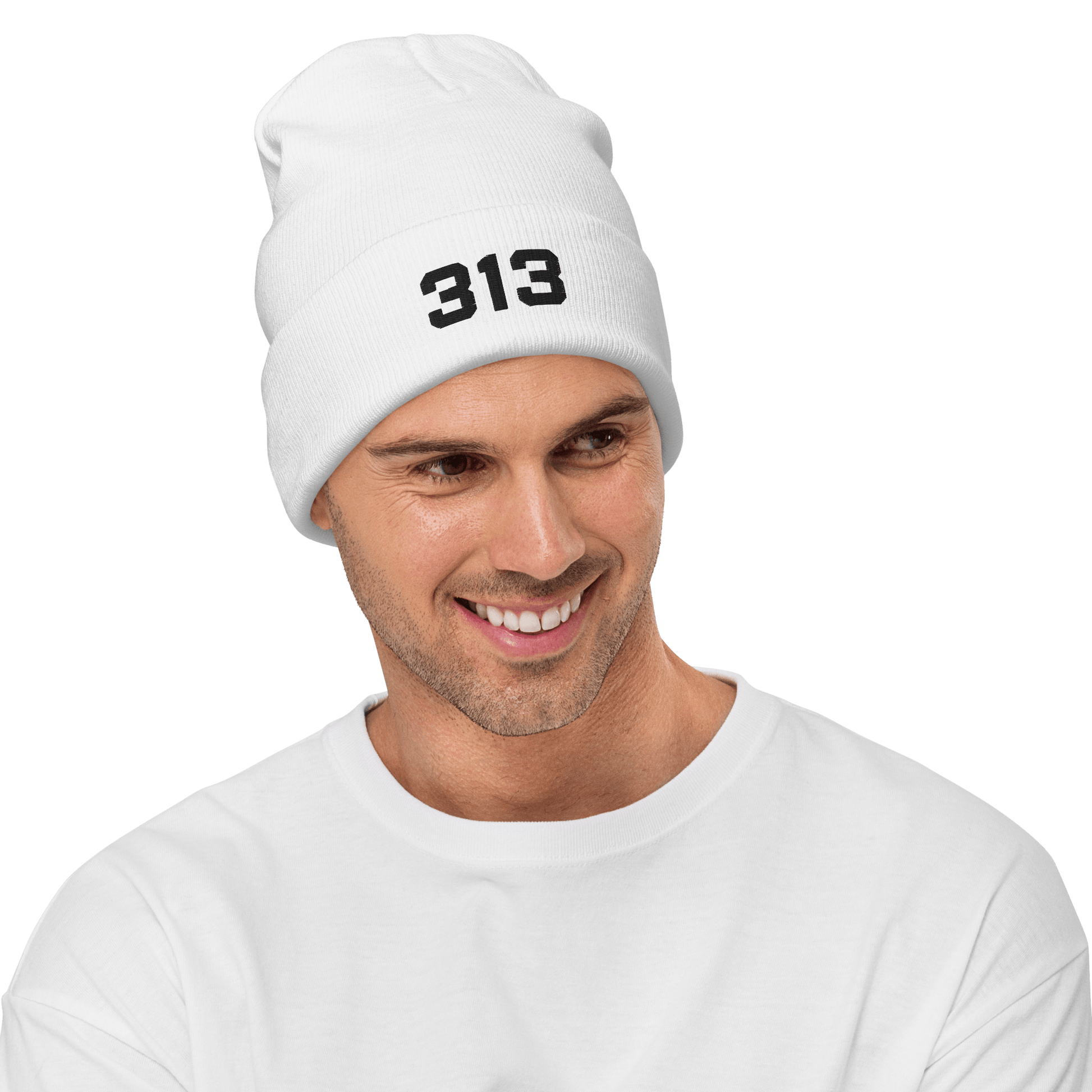 Detroit '313' Winter Beanie (White/Black Embroidery - Circumspice Michigan