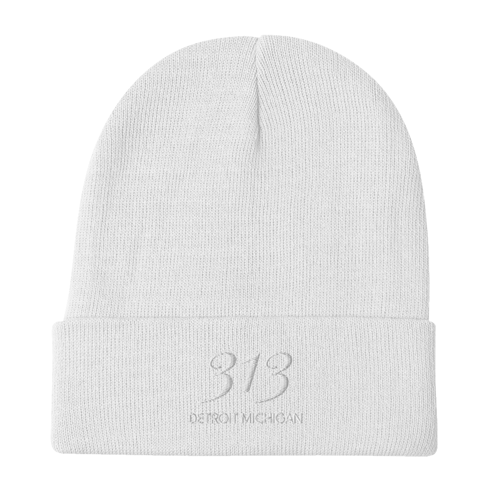 '313 Detroit Michigan' Winter Beanie | White Embroidery - Circumspice Michigan