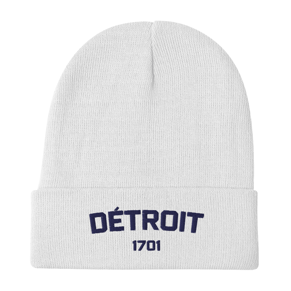 'Détroit 1701' Winter Beanie | White/Navy Embroidery - Circumspice Michigan