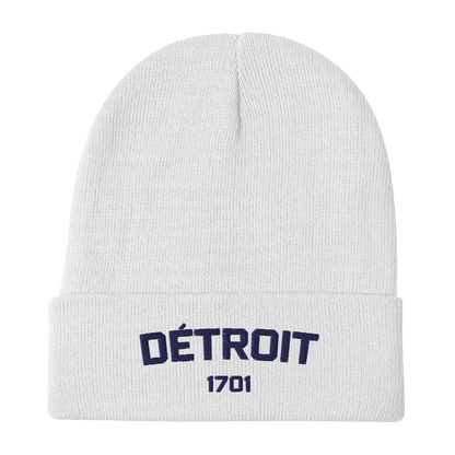 'Détroit 1701' Winter Beanie | White/Navy Embroidery - Circumspice Michigan