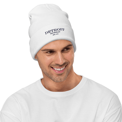 'Detroit Michigan EST. 1701' Winter Beanie | White Embroidery - Circumspice Michigan