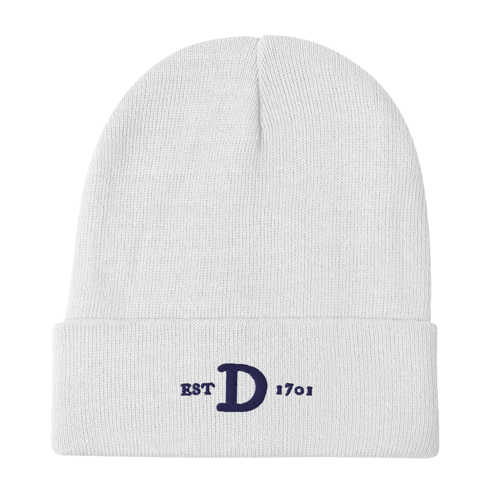 Detroit 'EST 1701' Winter Beanie (w/ Old French D) | White/Navy Embroidery - Circumspice Michigan