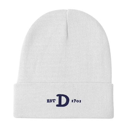 Detroit 'EST 1701' Winter Beanie (w/ Old French D) | White/Navy Embroidery - Circumspice Michigan