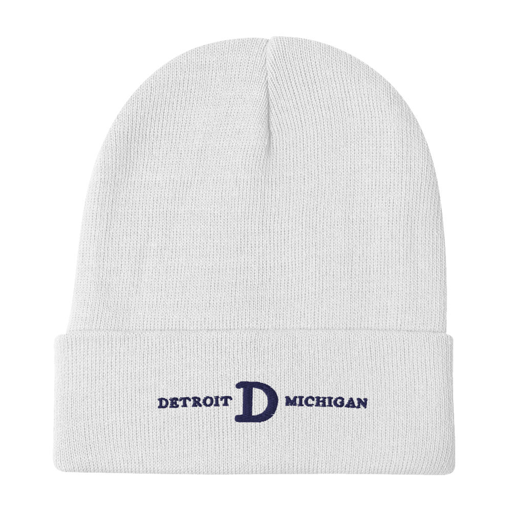 'Detroit Michigan' Winter Beanie (w/ Old French D) | White Embroidery - Circumspice Michigan