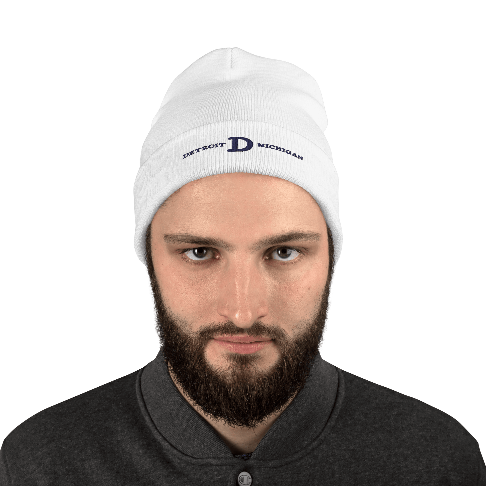 'Detroit Michigan' Winter Beanie (w/ Old French D) | White Embroidery - Circumspice Michigan