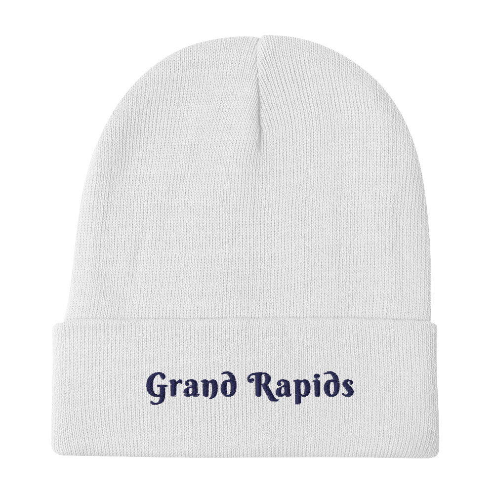 'Grand Rapids' Winter Beanie (Swash Font) | White/Navy Embroidery - Circumspice Michigan