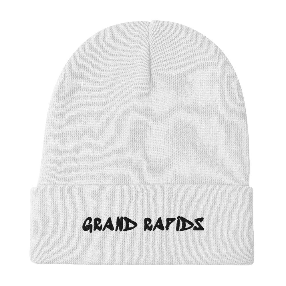 'Grand Rapids' Winter Beanie (1980's Hip Hop Font) | White/Black Embroidery - Circumspice Michigan