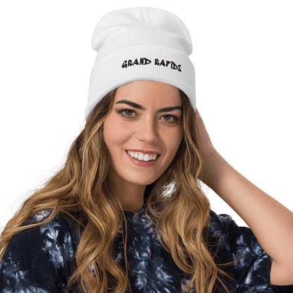 'Grand Rapids' Winter Beanie (1980's Hip Hop Font) | White/Black Embroidery - Circumspice Michigan