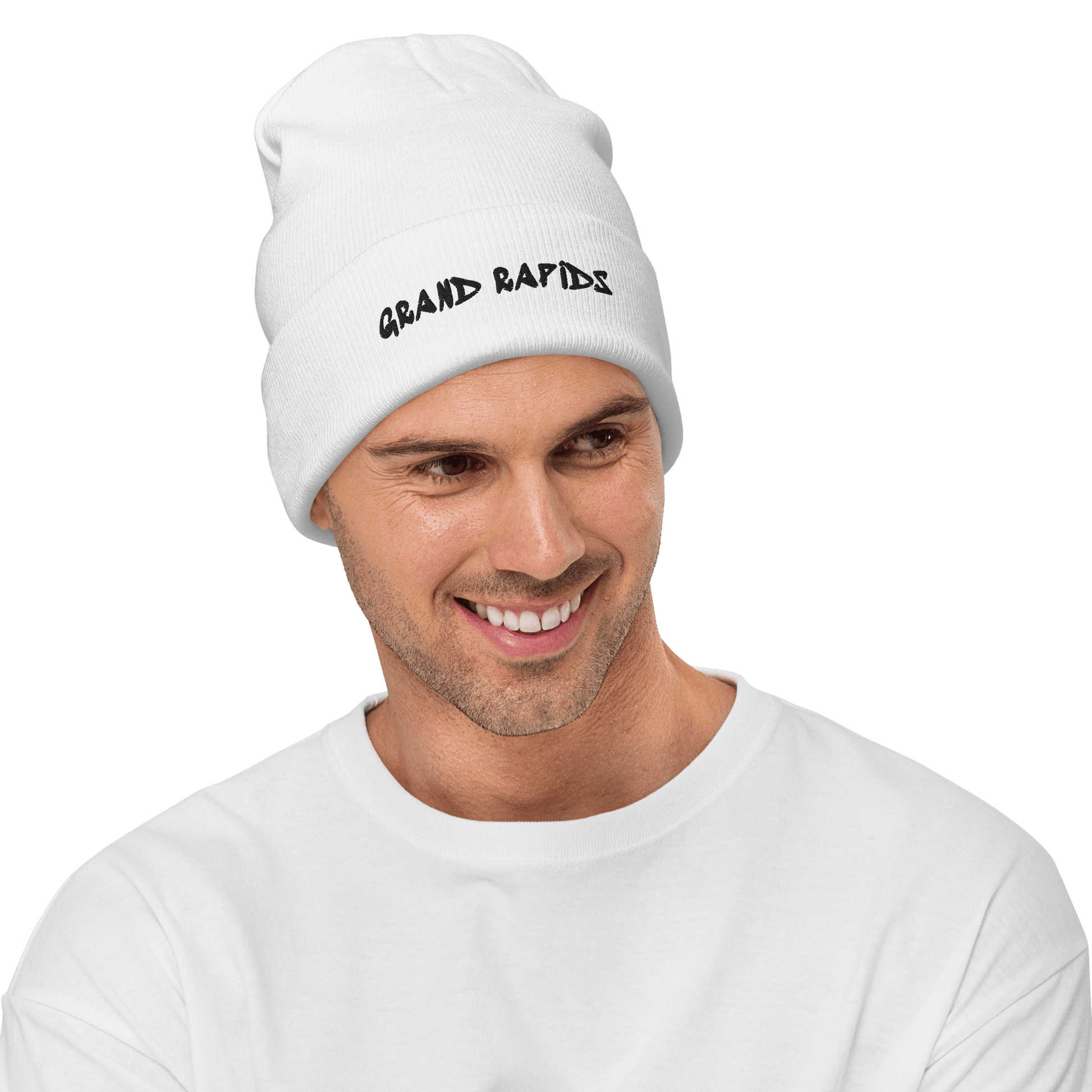 'Grand Rapids' Winter Beanie (1980's Hip Hop Font) | White/Black Embroidery - Circumspice Michigan