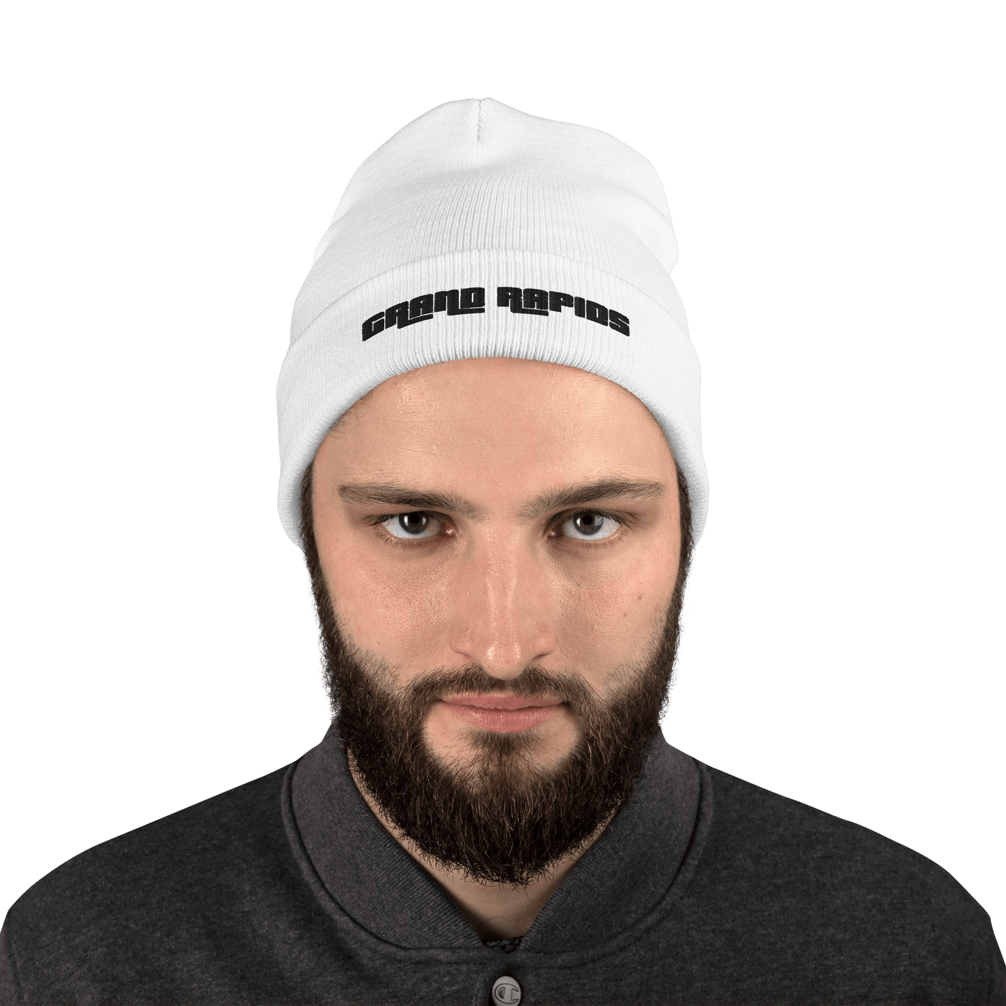 'Grand Rapids' Winter Beanie (1970s Font) | White/Black Embroidery - Circumspice Michigan