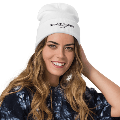 'Grand Rapids Michigan EST 1826' Winter Beanie | White Embroidery - Circumspice Michigan