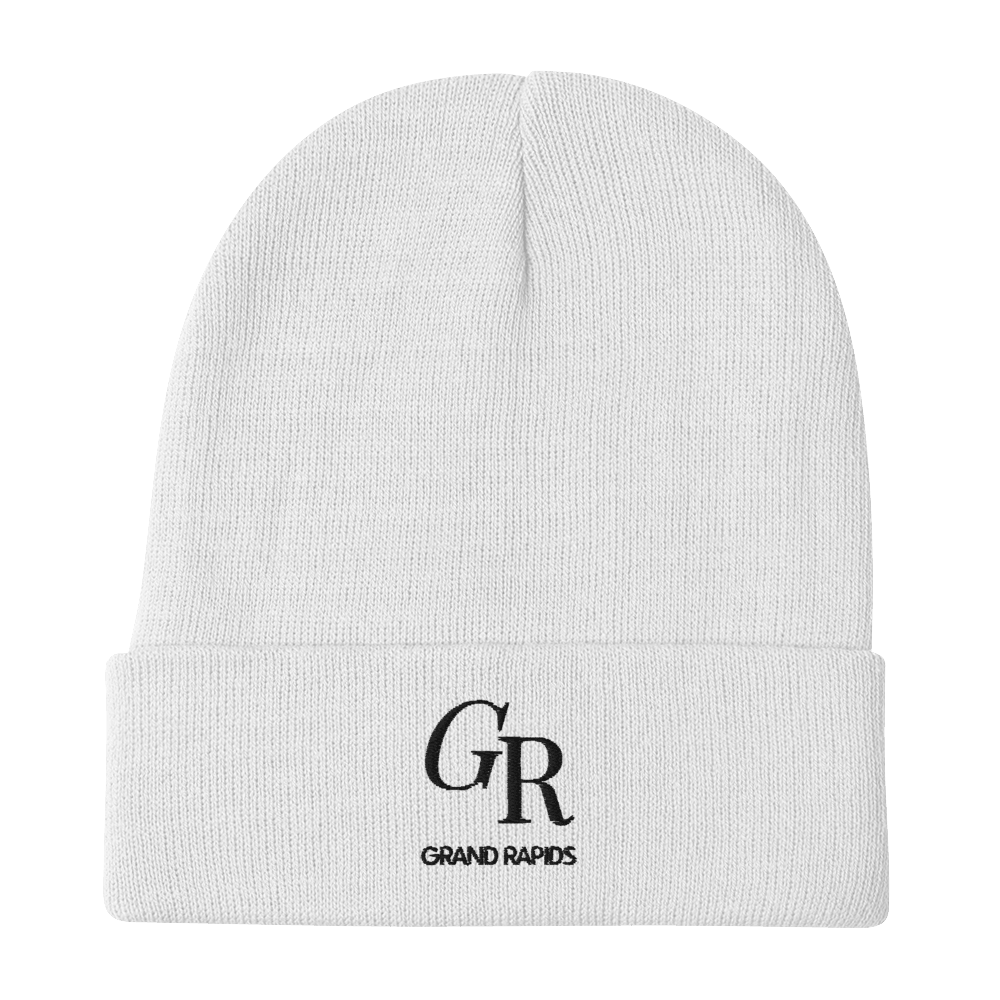 'GR Grand Rapids' Winter Beanie (Luxury Goods Parody) | White/Black Embroidery - Circumspice Michigan