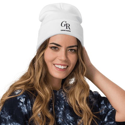 'GR Grand Rapids' Winter Beanie (Luxury Goods Parody) | White/Black Embroidery - Circumspice Michigan