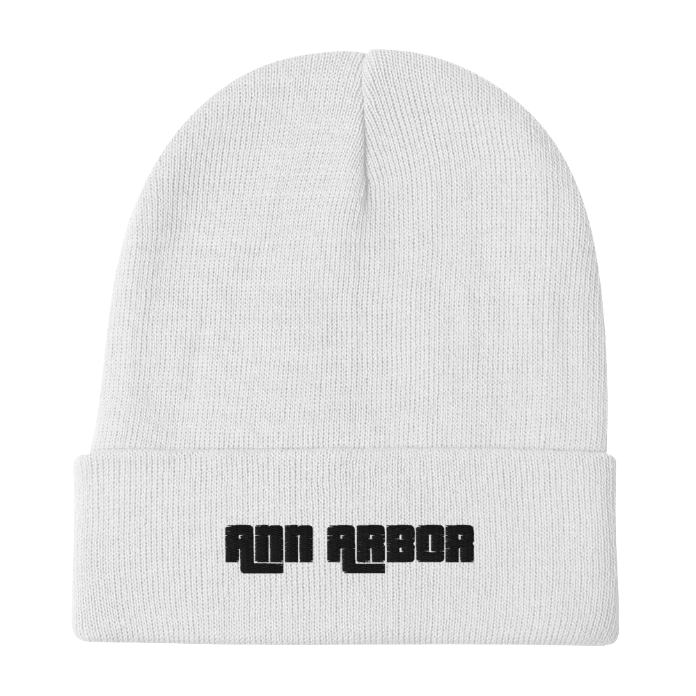 'Ann Arbor' Winter Beanie (1970s Font) | White/Black Embroidery - Circumspice Michigan