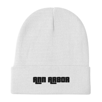 'Ann Arbor' Winter Beanie (1970s Font) | White/Black Embroidery - Circumspice Michigan