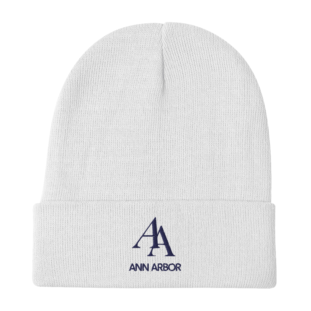 'AA Ann Arbor' Winter Beanie (Luxury Goods Parody) | White/Navy Embroidery - Circumspice Michigan