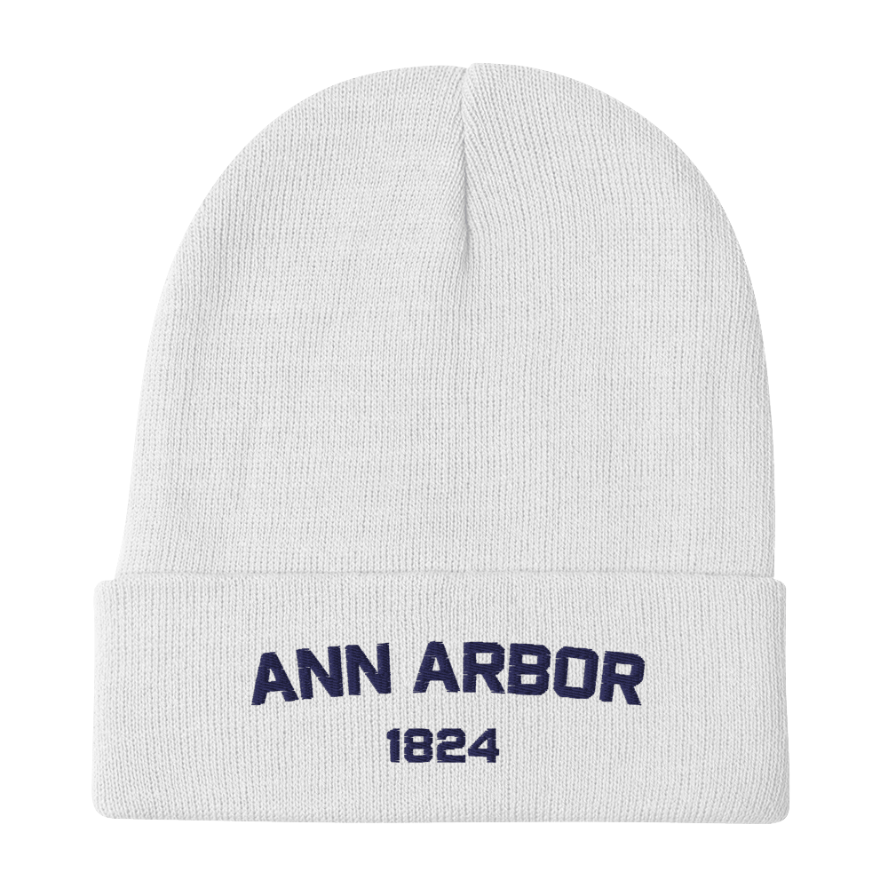 'Ann Arbor 1824' Winter Beanie | White/Navy Embroidery - Circumspice Michigan