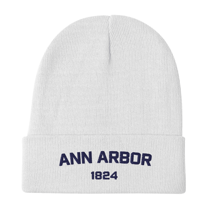 'Ann Arbor 1824' Winter Beanie | White/Navy Embroidery - Circumspice Michigan