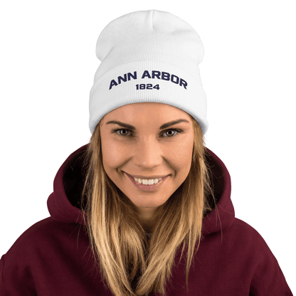 'Ann Arbor 1824' Winter Beanie | White/Navy Embroidery - Circumspice Michigan