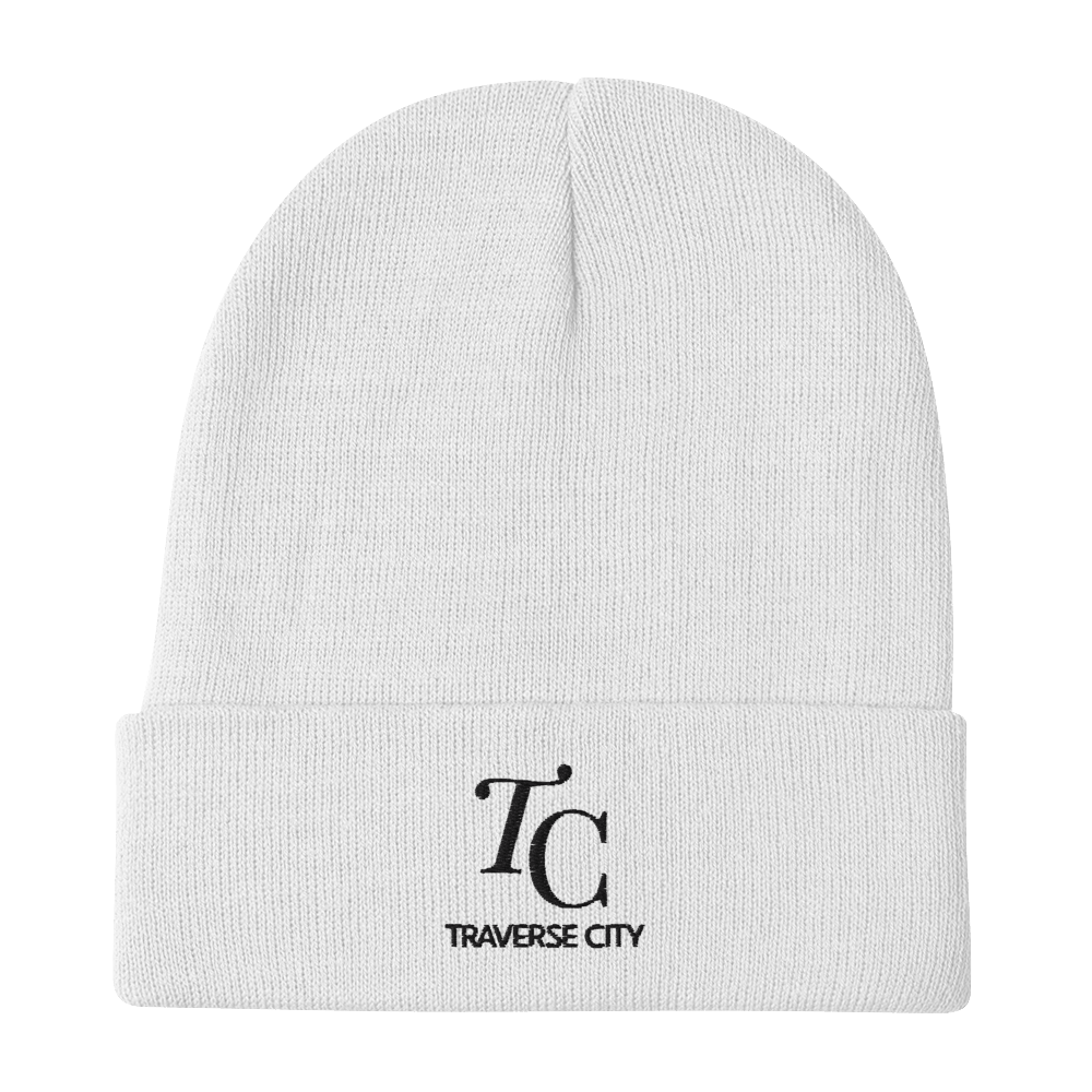 'TC Traverse City' Winter Beanie (Luxury Goods Parody) | White/Black Embroidery - Circumspice Michigan