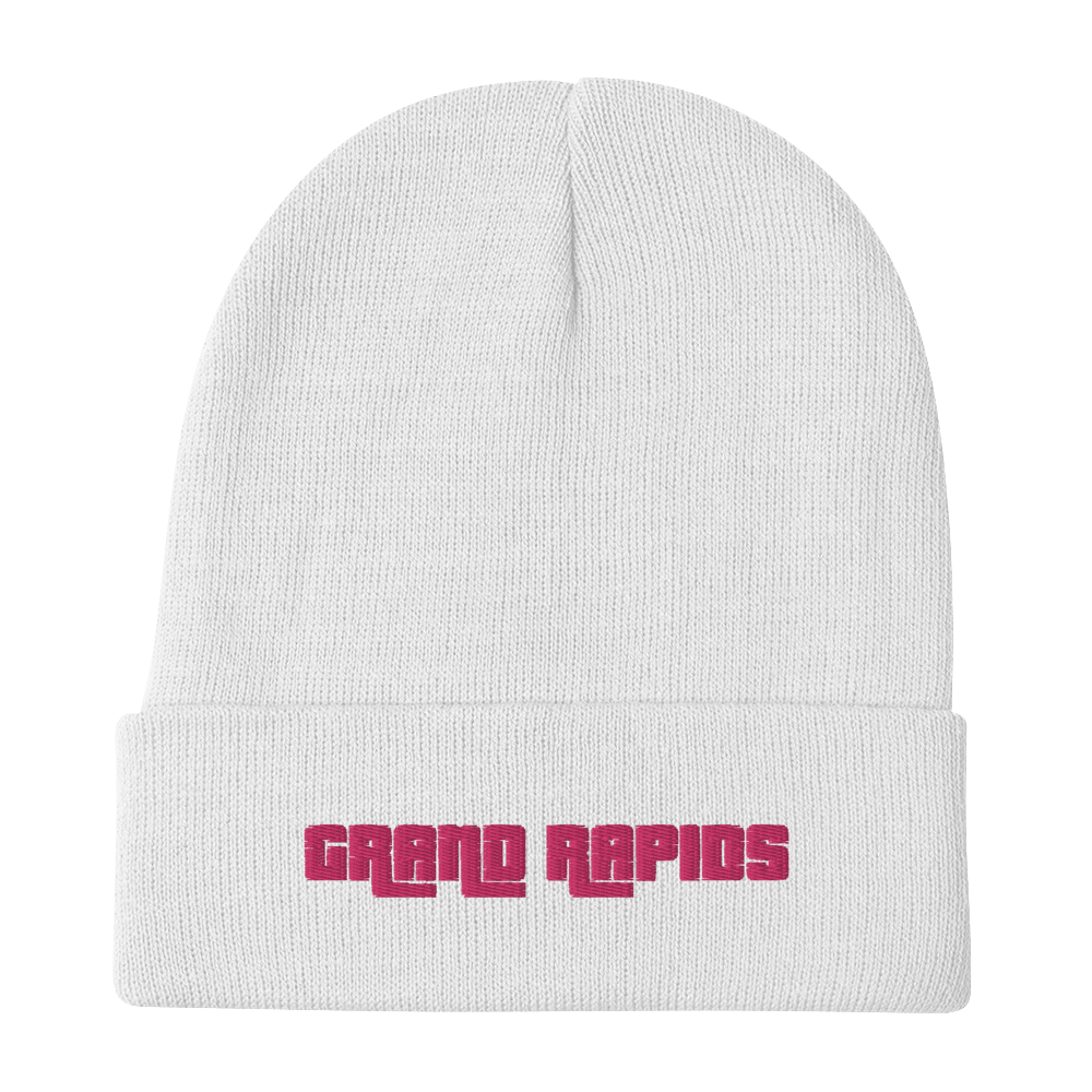 'Grand Rapids' Winter Beanie (1970s Font) | Pink Embroidery - Circumspice Michigan