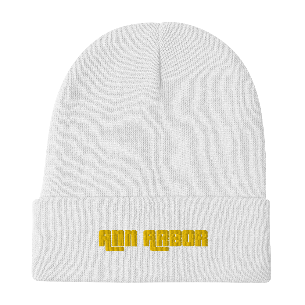 'Ann Arbor' Winter Beanie (1970s Font) | Gold Embroidery - Circumspice Michigan