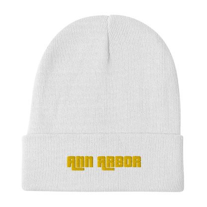 'Ann Arbor' Winter Beanie (1970s Font) | Gold Embroidery - Circumspice Michigan