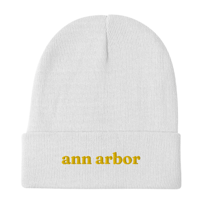 'Ann Arbor' Winter Beanie (Old-Style Serif Font) | Gold Embroidery - Circumspice Michigan