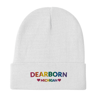 'Dearborn Michigan' Winter Beanie (LGBTQ Pride Colors w/Heart Outlines) - Circumspice Michigan