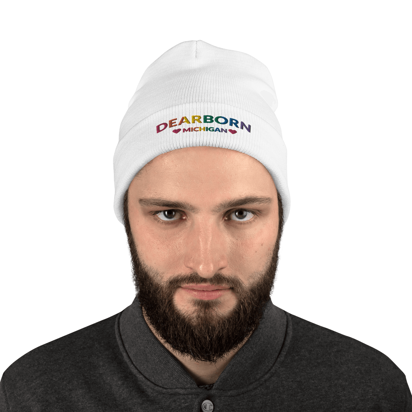 'Dearborn Michigan' Winter Beanie (LGBTQ Pride Colors w/Heart Outlines) - Circumspice Michigan