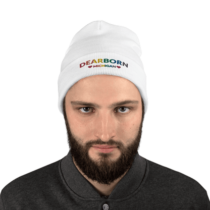 'Dearborn Michigan' Winter Beanie (LGBTQ Pride Colors w/Heart Outlines) - Circumspice Michigan