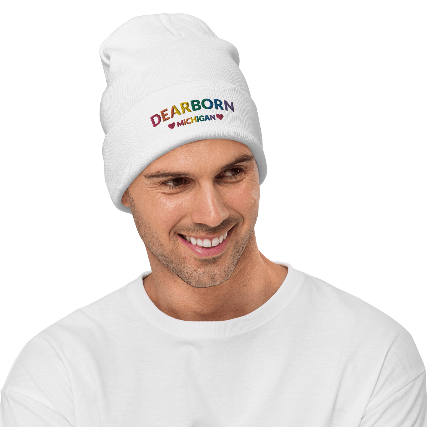 'Dearborn Michigan' Winter Beanie (LGBTQ Pride Colors w/Heart Outlines) - Circumspice Michigan