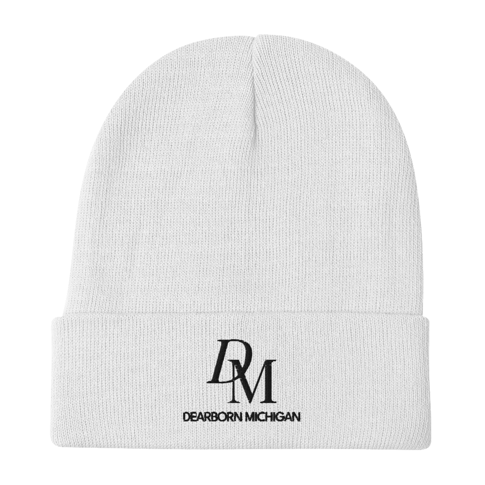 'DM Detroit Michigan' Winter Beanie (Luxury Goods Parody) | White/Black Embroidery - Circumspice Michigan