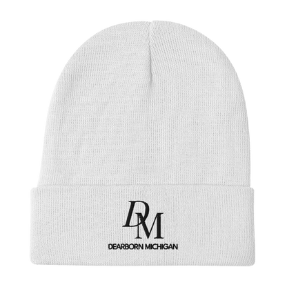 'DM Detroit Michigan' Winter Beanie (Luxury Goods Parody) | White/Black Embroidery - Circumspice Michigan