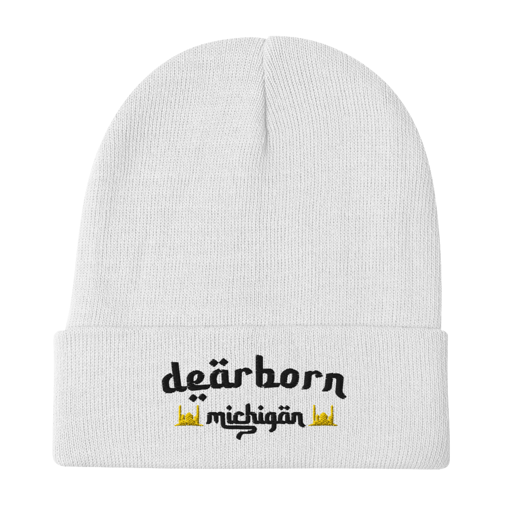 'Dearborn Michigan' Winter Beanie (Arabic-Font w/Mosque Outlines) | White/Black Embroidery - Circumspice Michigan