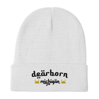 'Dearborn Michigan' Winter Beanie (Arabic-Font w/Mosque Outlines) | White/Black Embroidery - Circumspice Michigan