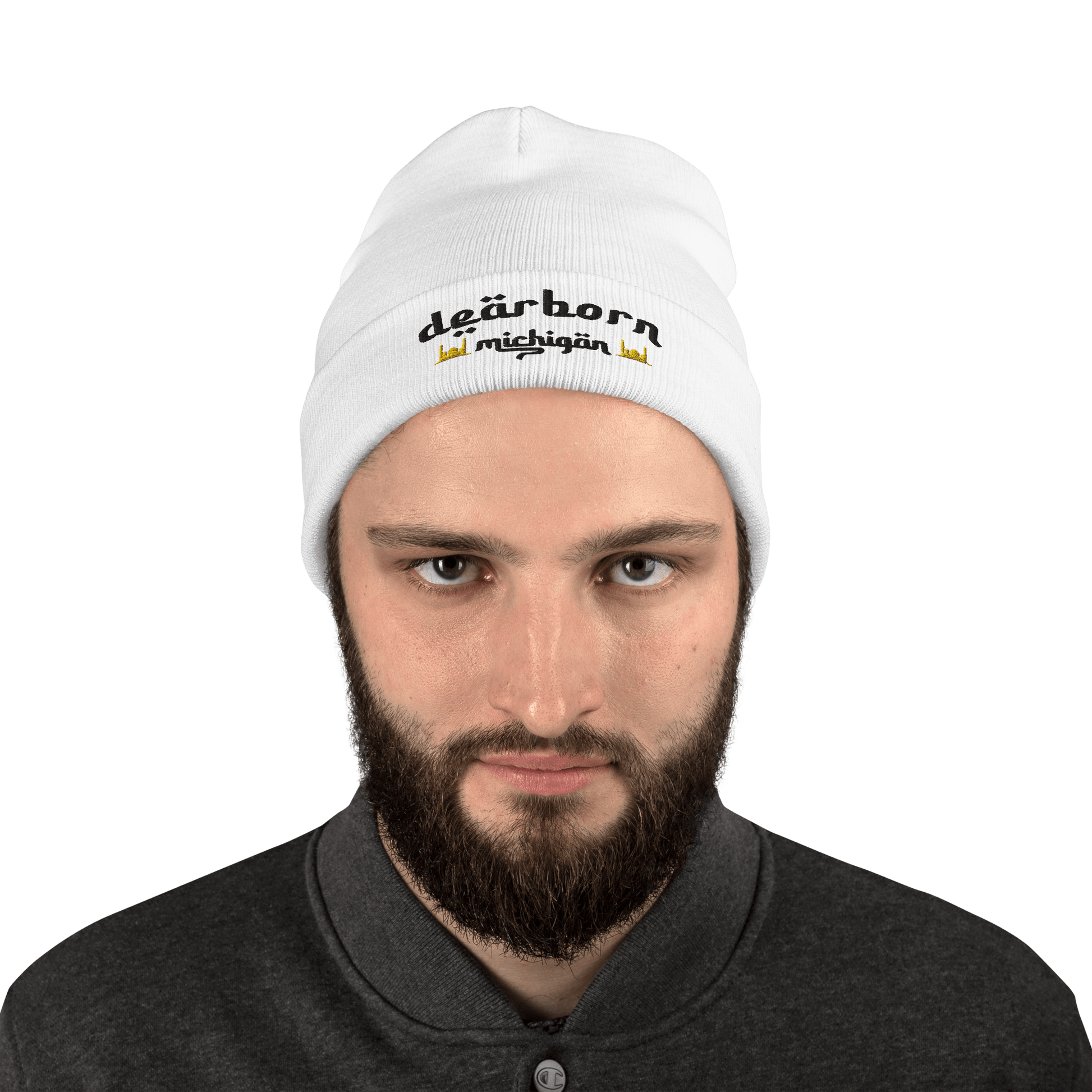 'Dearborn Michigan' Winter Beanie (Arabic-Font w/Mosque Outlines) | White/Black Embroidery - Circumspice Michigan