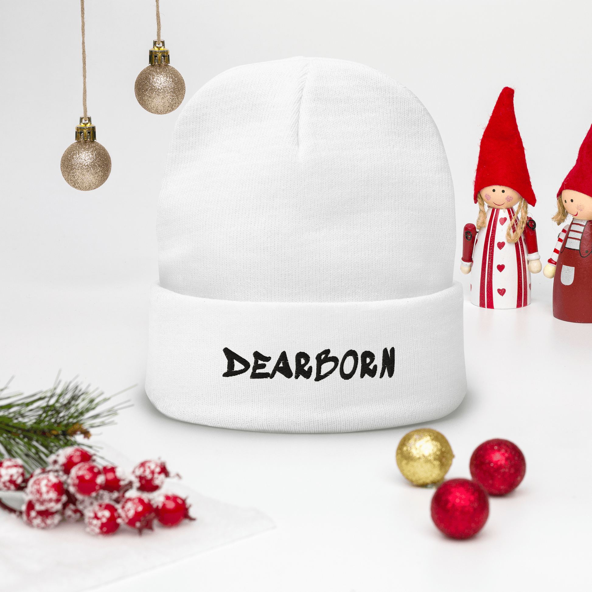 'Dearborn' Winter Beanie (1980's Hip Hop Font) | White/Black Embroidery - Circumspice Michigan