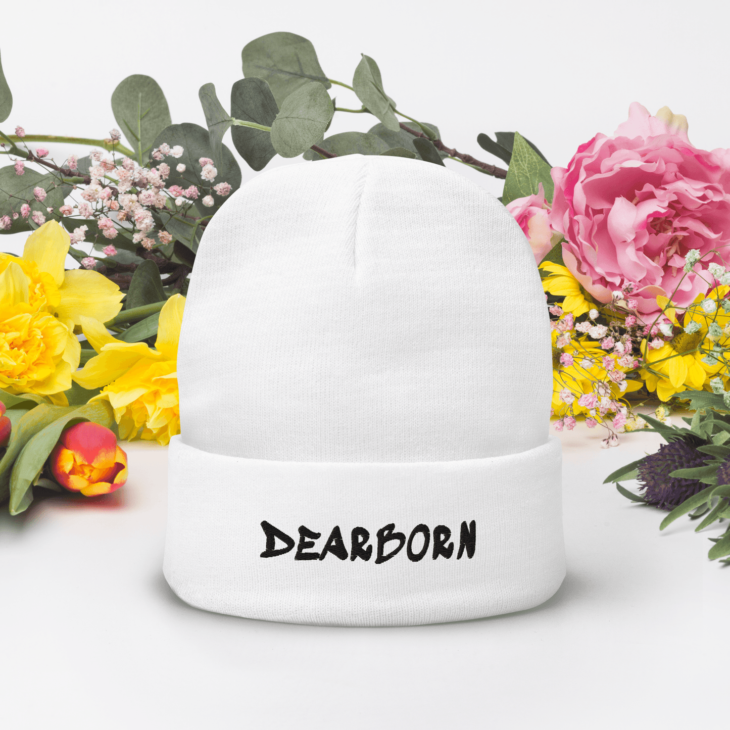 'Dearborn' Winter Beanie (1980's Hip Hop Font) | White/Black Embroidery - Circumspice Michigan