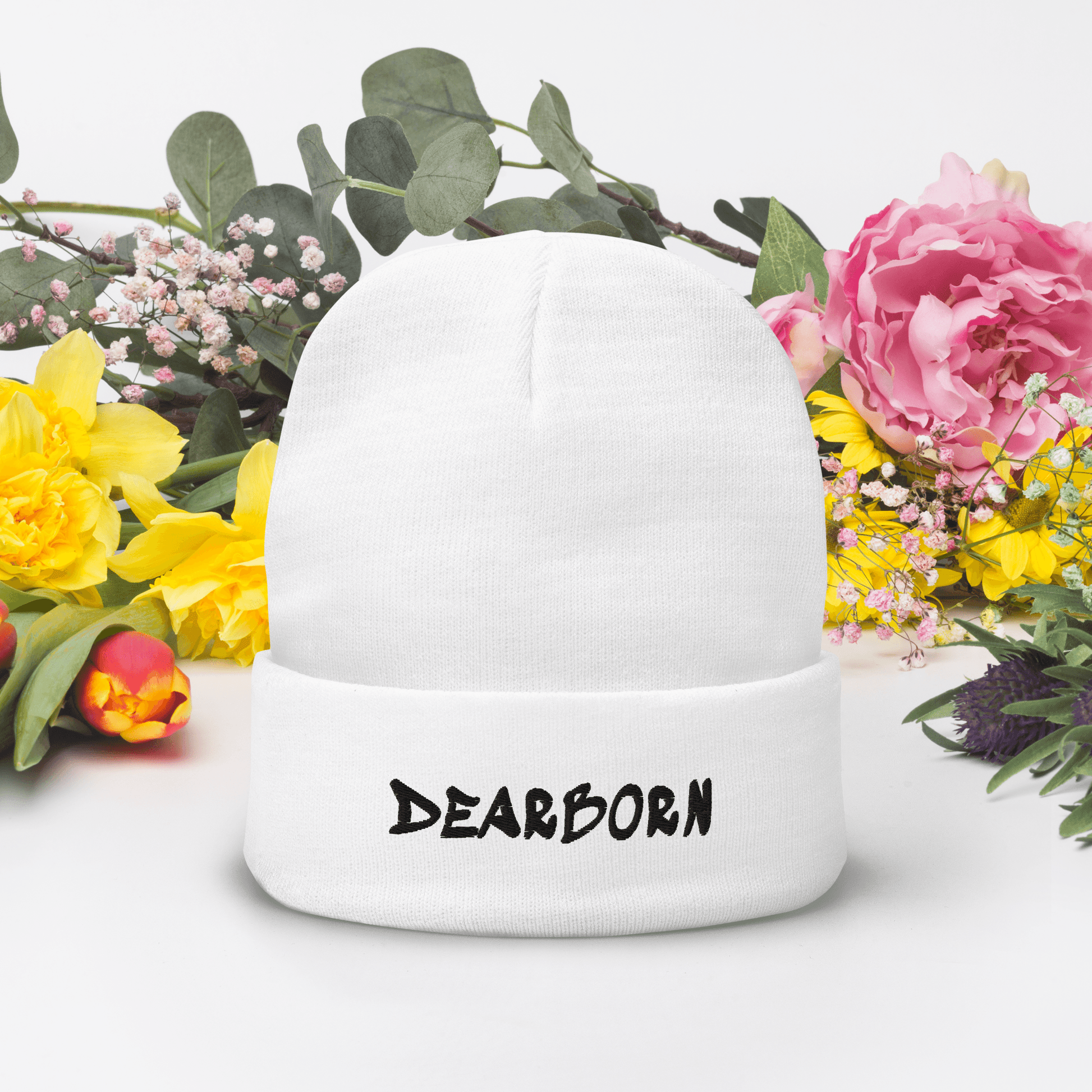 'Dearborn' Winter Beanie (1980's Hip Hop Font) | White/Black Embroidery - Circumspice Michigan