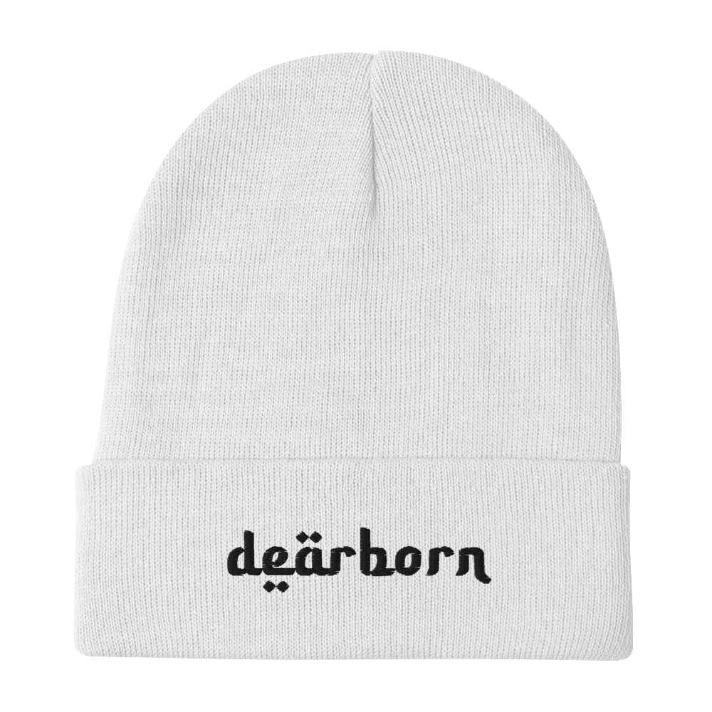 'Dearborn' Winter Beanie (Arabic-Style Font) | White Embroidery - Circumspice Michigan