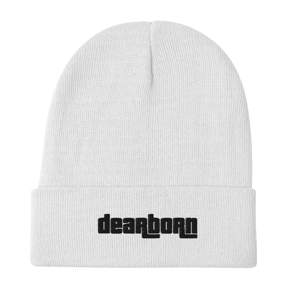 'Dearborn' Winter Beanie (1970's Font) | White/Black Embroidery - Circumspice Michigan