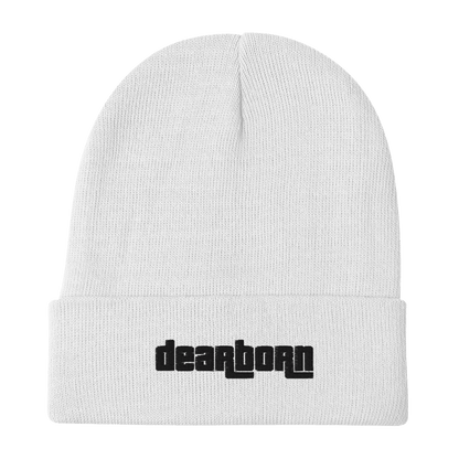 'Dearborn' Winter Beanie (1970's Font) | White/Black Embroidery - Circumspice Michigan