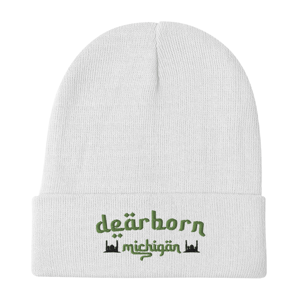 'Dearborn Michigan' Winter Beanie (Arabic Style Font w/Mosques Outlines) | Green Embroidery - Circumspice Michigan