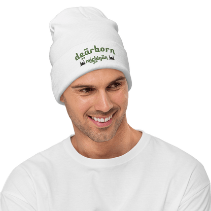 'Dearborn Michigan' Winter Beanie (Arabic Style Font w/Mosques Outlines) | Green Embroidery - Circumspice Michigan