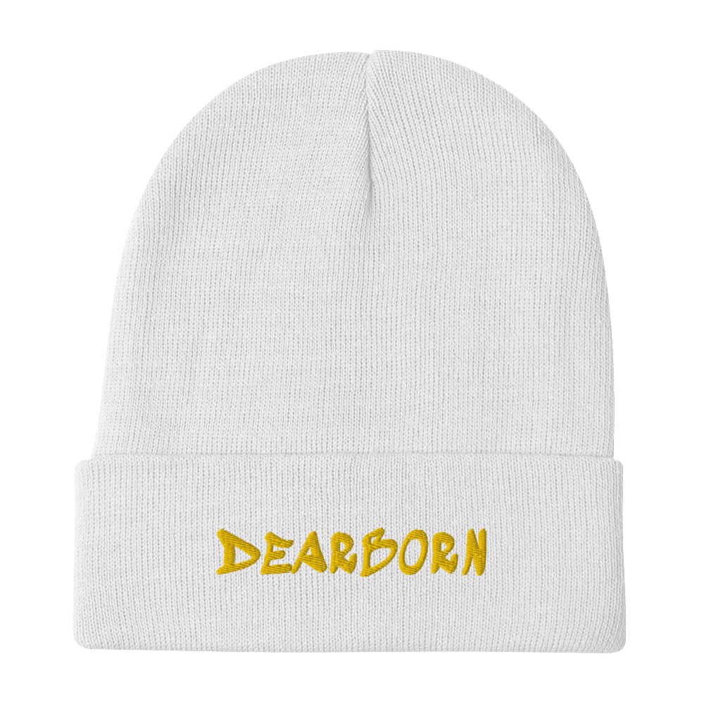 'Dearborn' Winter Beanie (1980's Hip Hop Font) | Gold Embroidery - Circumspice Michigan